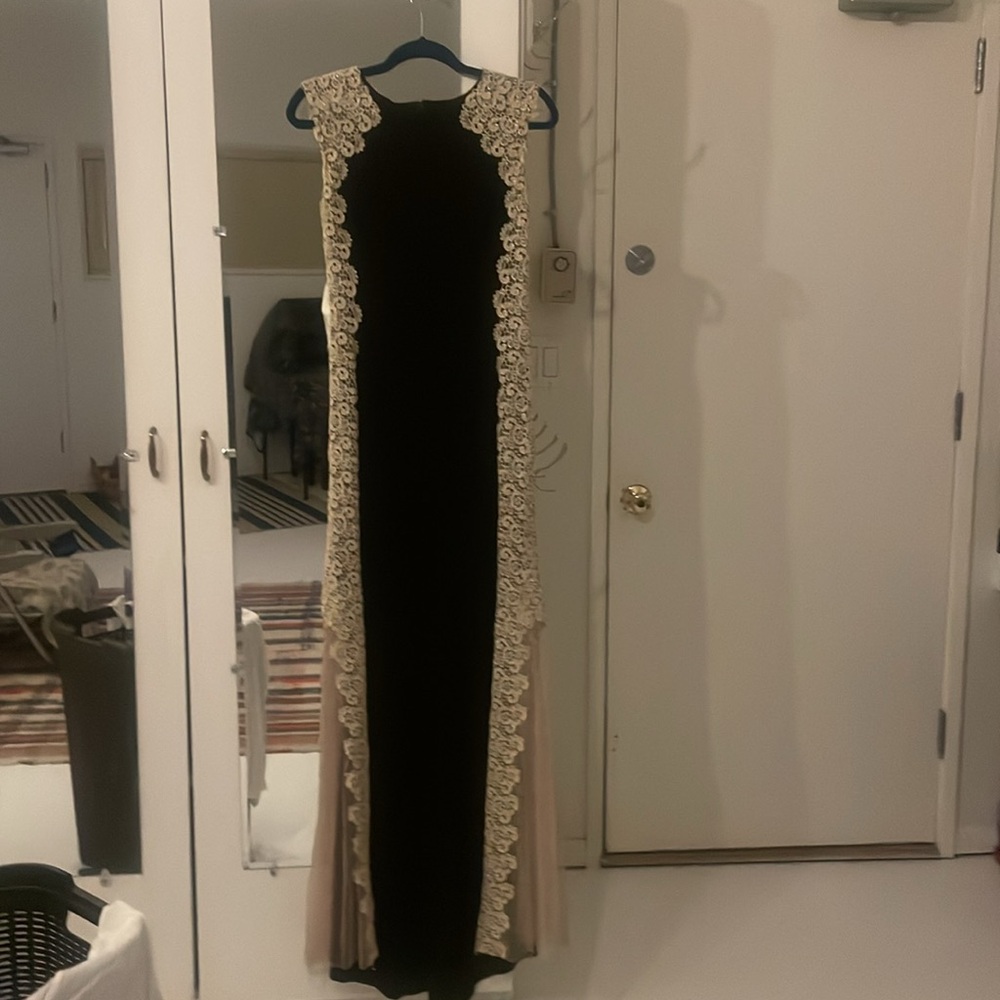 Avery G Full length black dress with gold lace trim, size 8